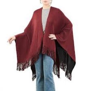 Reverisble navy/maroon fringe poncho shawl